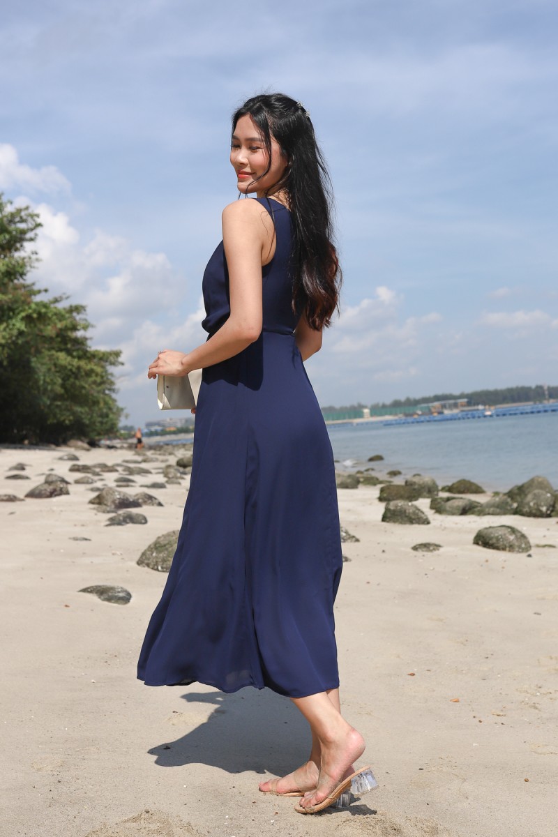 Junia Toga Off-Shoulder Dress in Navy