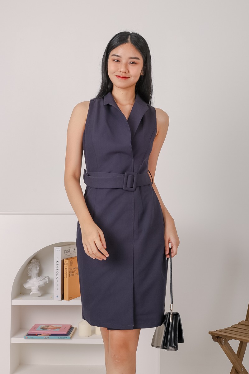 Verly Collared Belted Dress in Navy