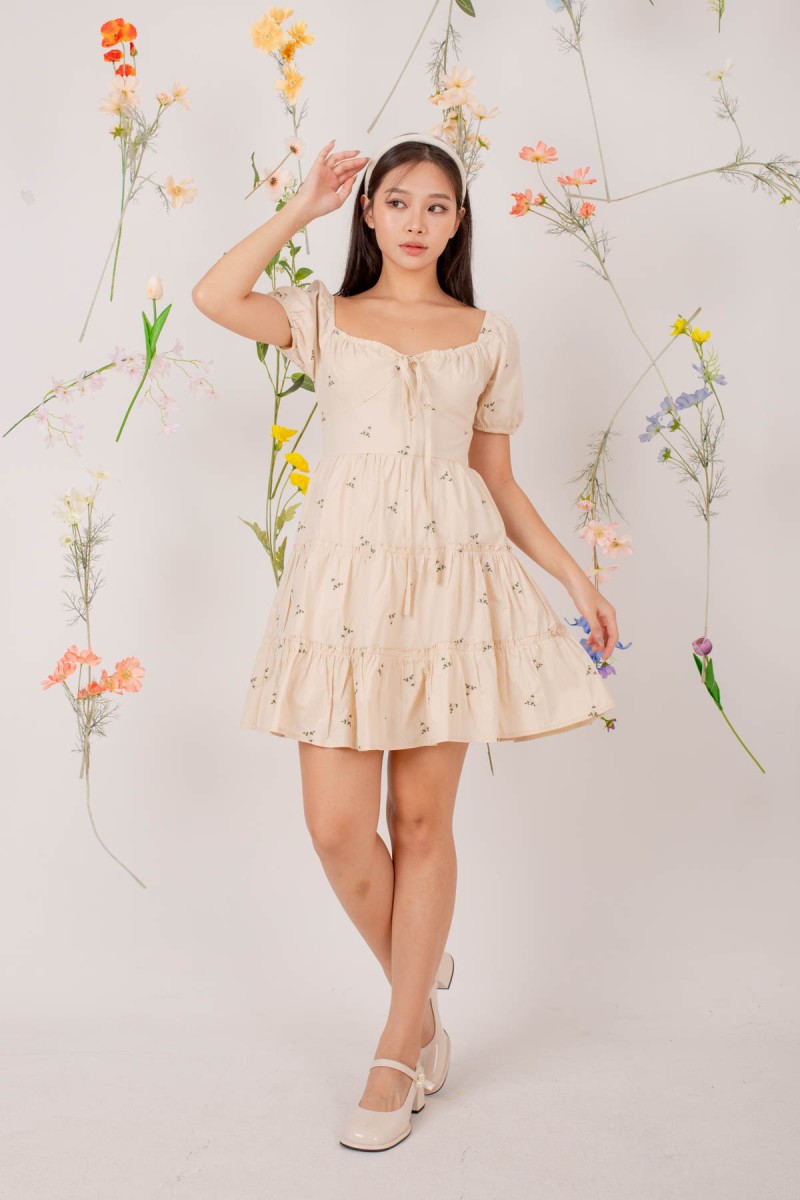 Odalis Puff Sleeve Tiered Mini Dress in Cream