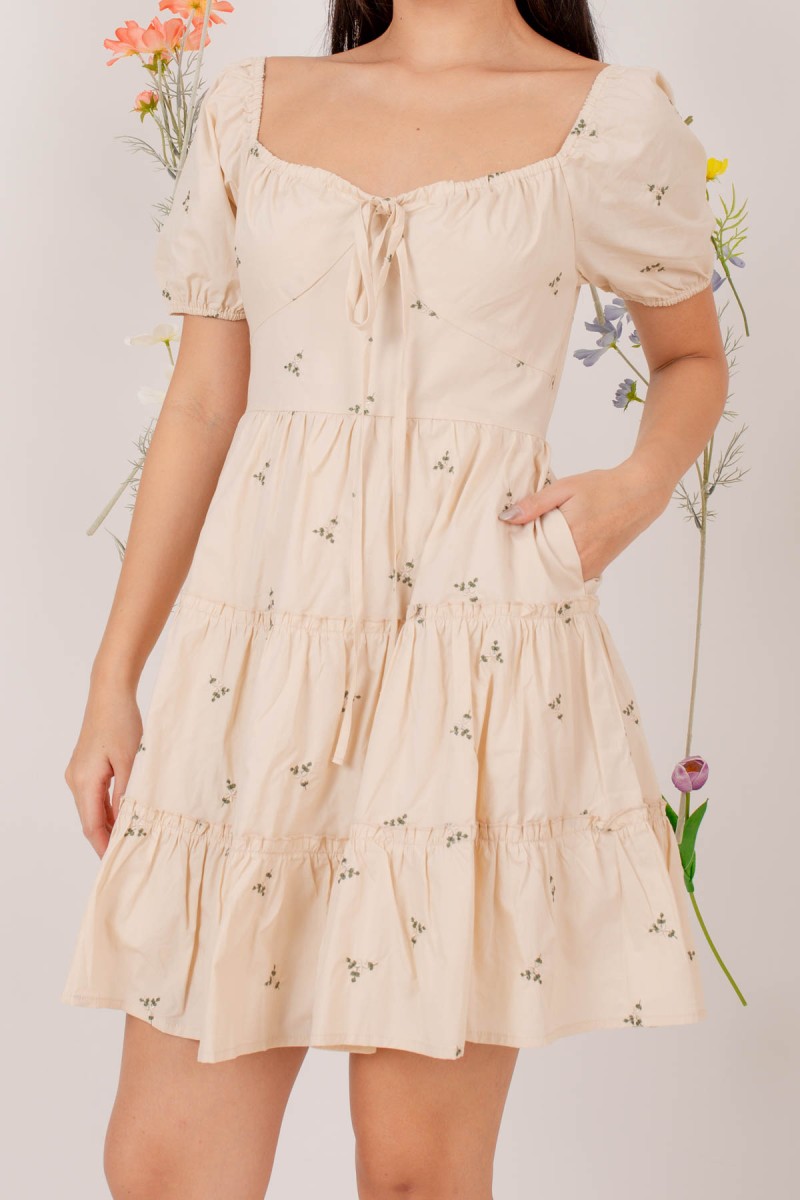 Odalis Puff Sleeve Tiered Mini Dress in Cream