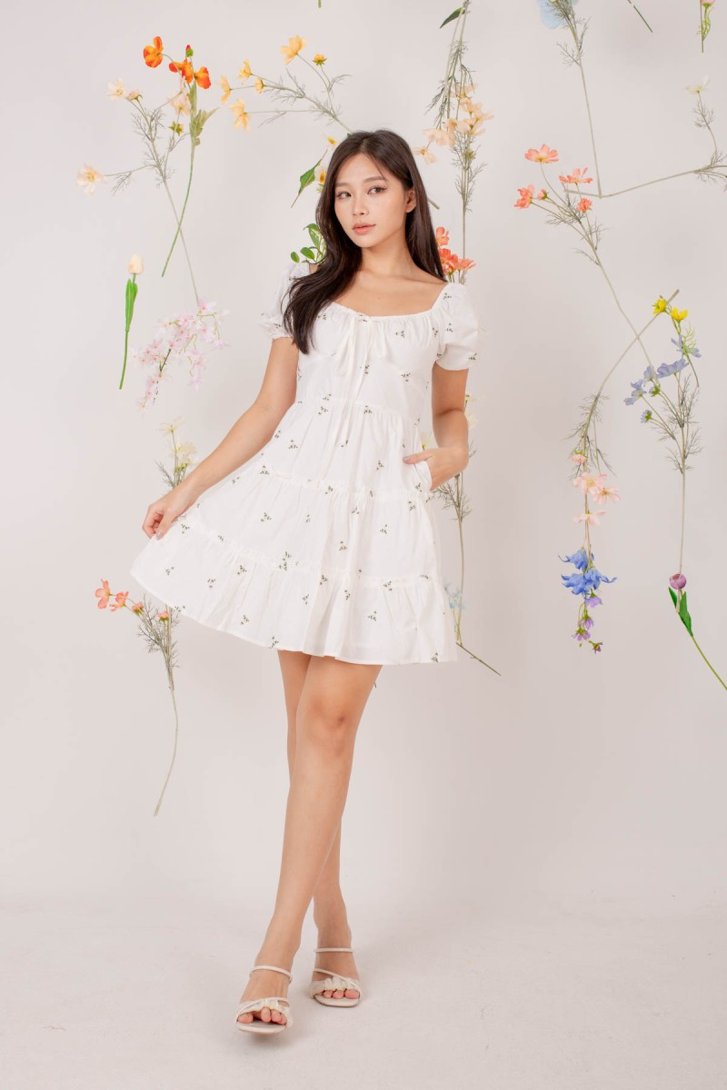 Odalis Puff Sleeve Tiered Mini Dress in White
