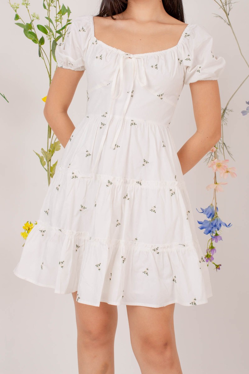 Odalis Puff Sleeve Tiered Mini Dress in White
