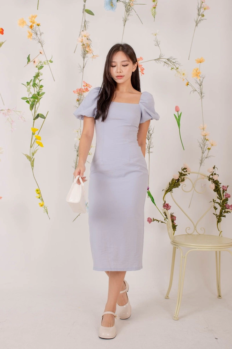 Corinne Square Neck Puff Sleeve Dress in Blue