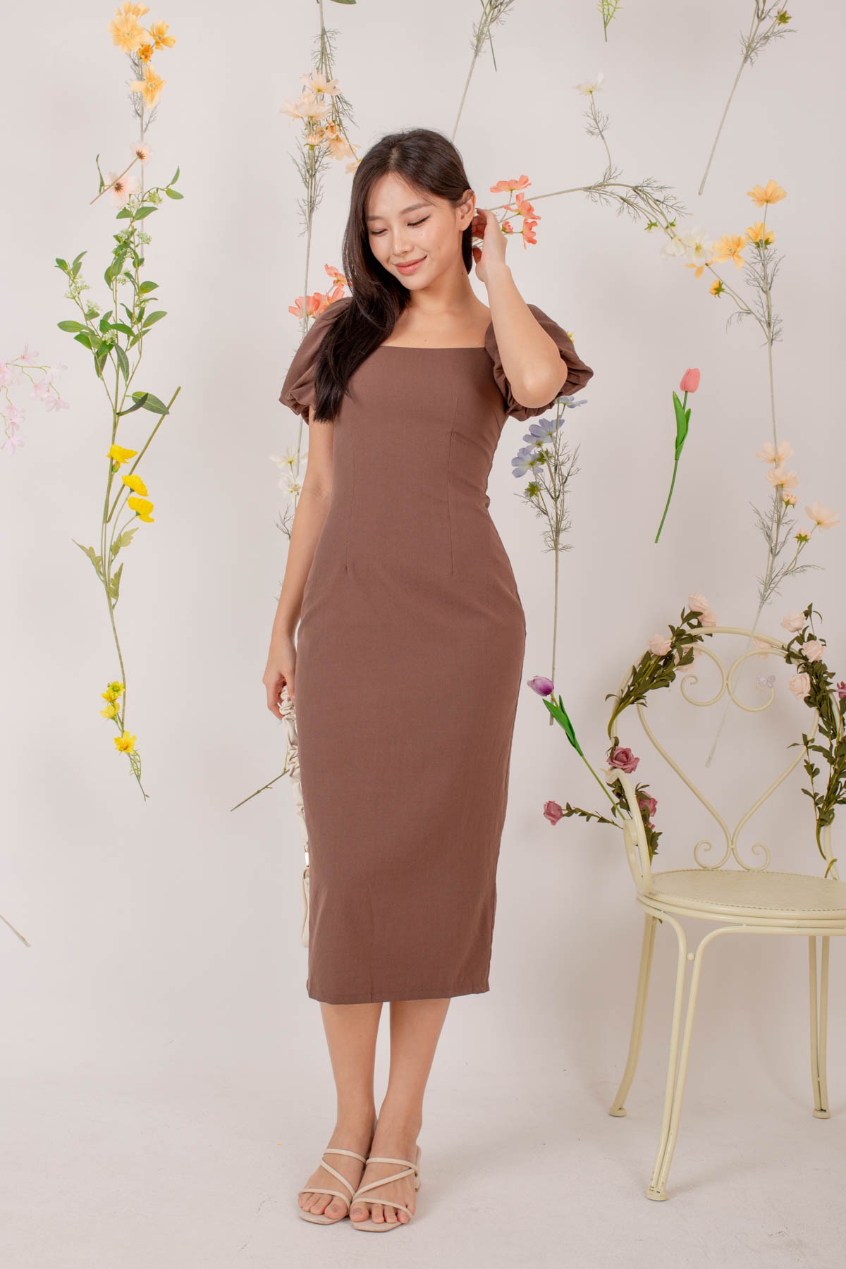 Corinne Square Neck Puff Sleeve Dress in Mocha