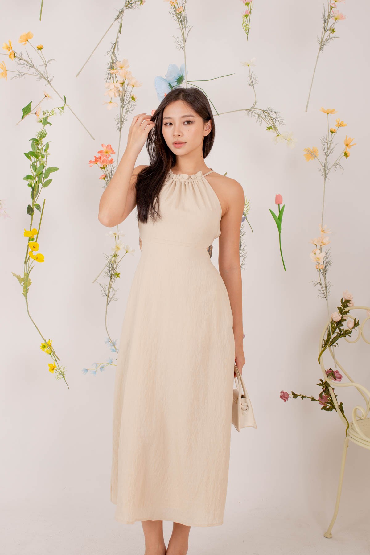 Alle Halter Side Cut Out Dress In Beige Alle halter side cut out dress in beige