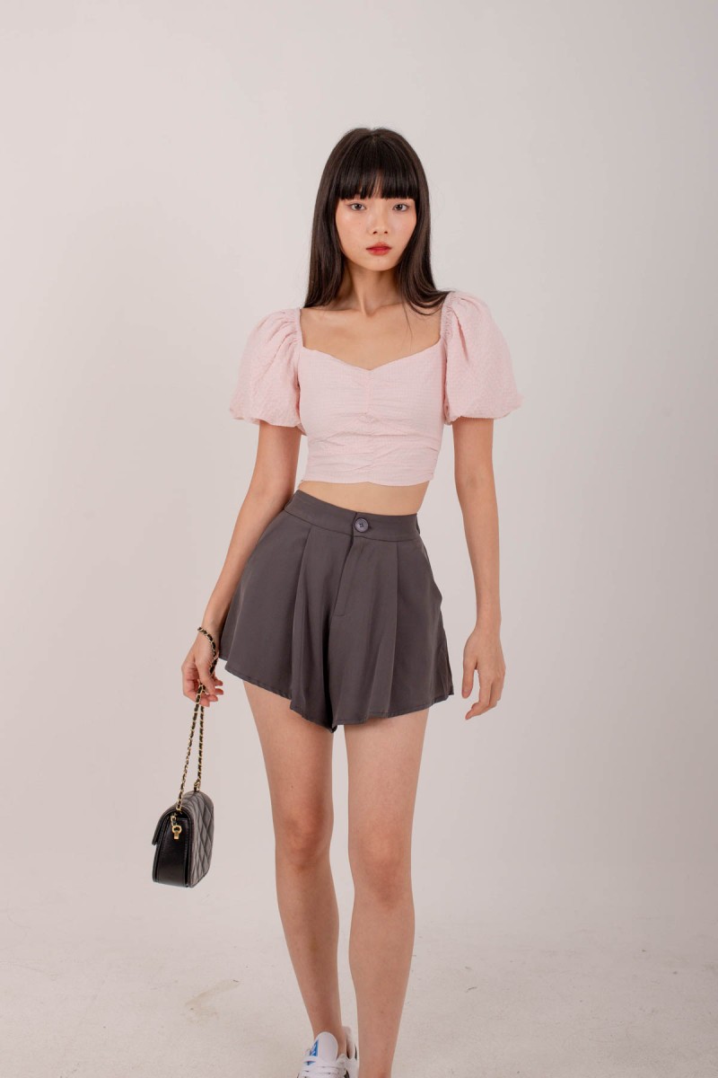 Erin Pleated Flare Shorts in Graphite