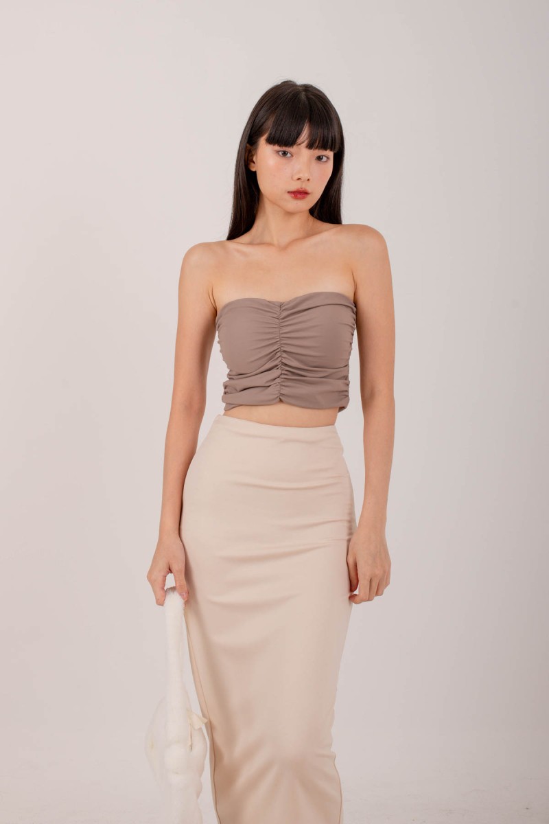 Kayley Ruched Tube Top in Taupe