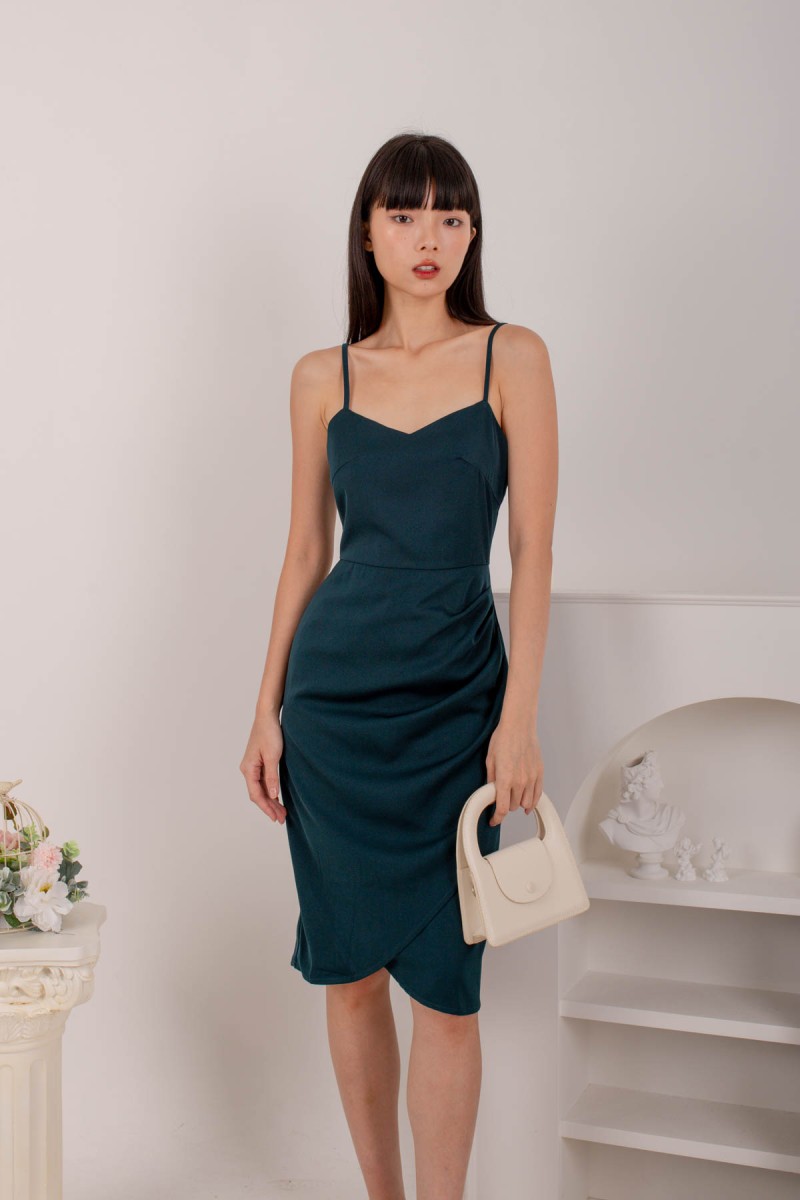 Cyrene Ruched Midi Dress in Forest