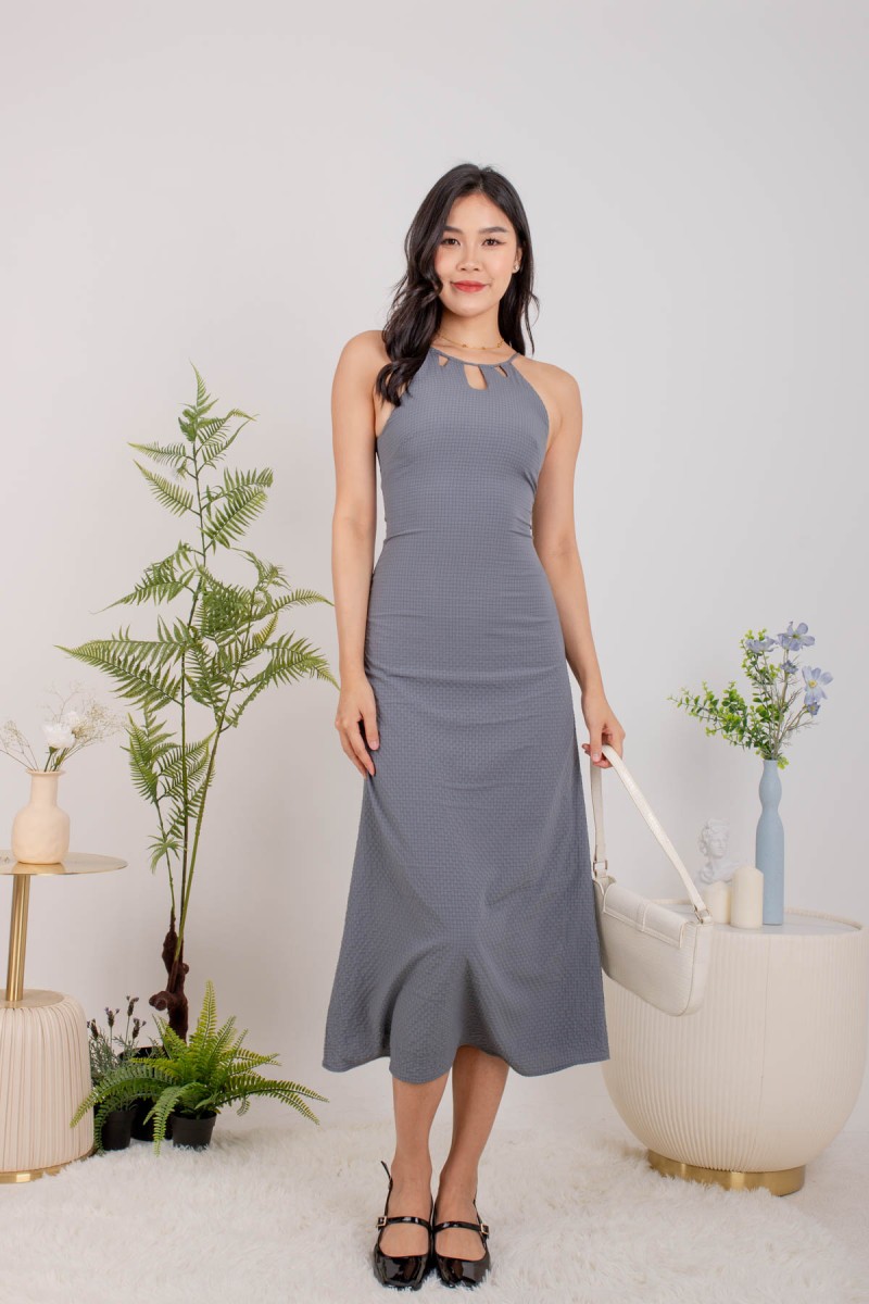Elara Textured Halter Midi Dress in Steel Blue