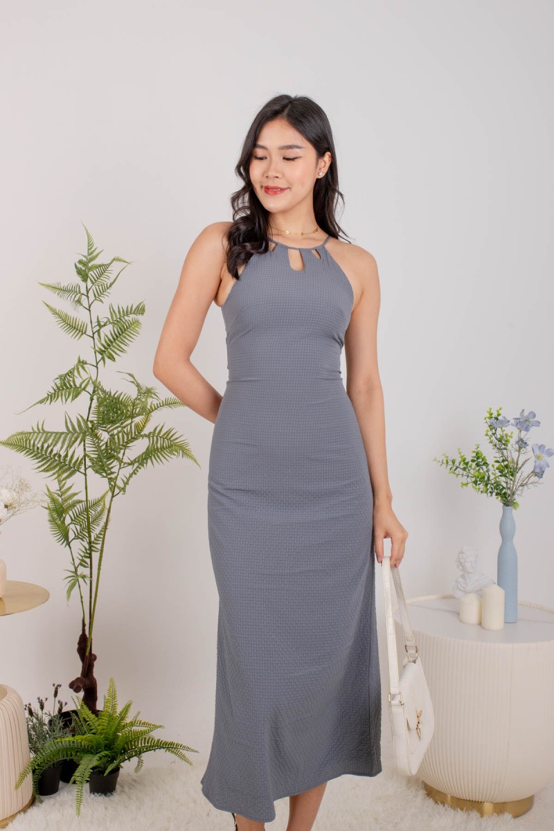 Elara Textured Halter Midi Dress in Steel Blue