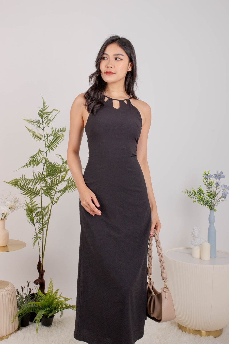 Elara Textured Halter Midi Dress in Black