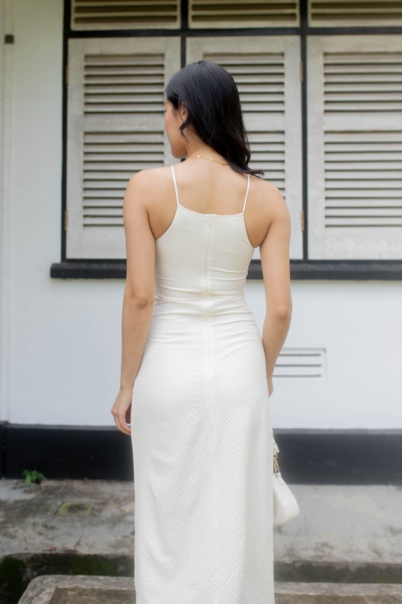 Elara Textured Halter Midi Dress in Cream