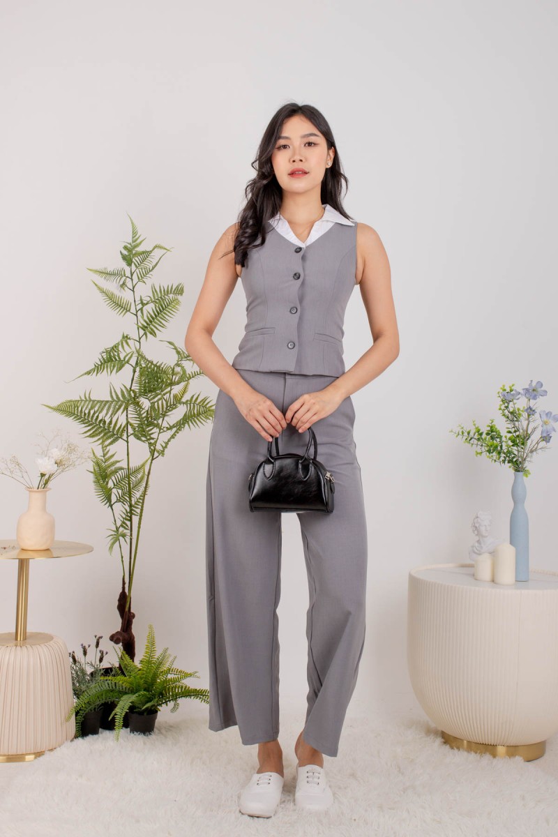 Astra Button Tailored Pants in Grey