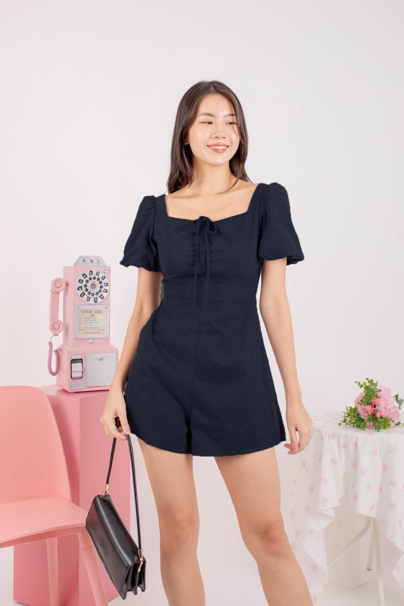 Kyrene Ruched Puff Sleeve Romper in Navy