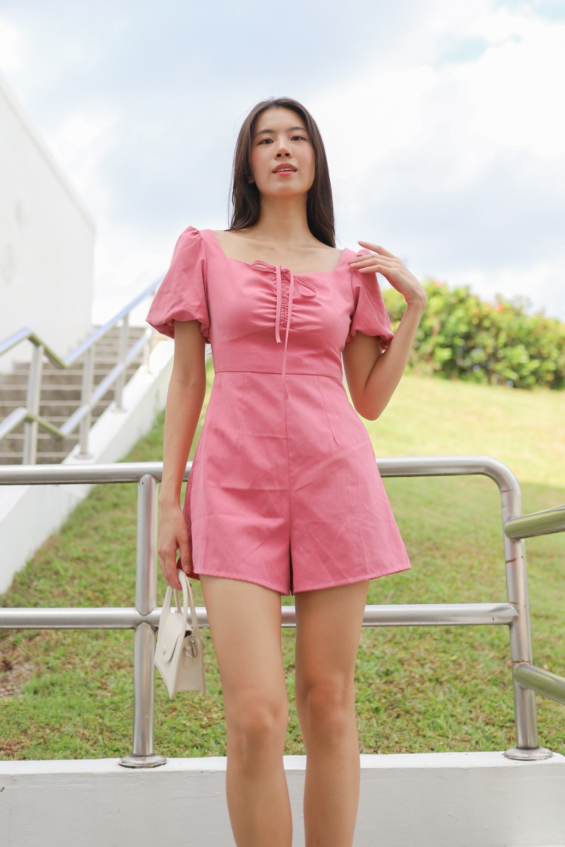 Kyrene Ruched Puff Sleeve Romper in Pink