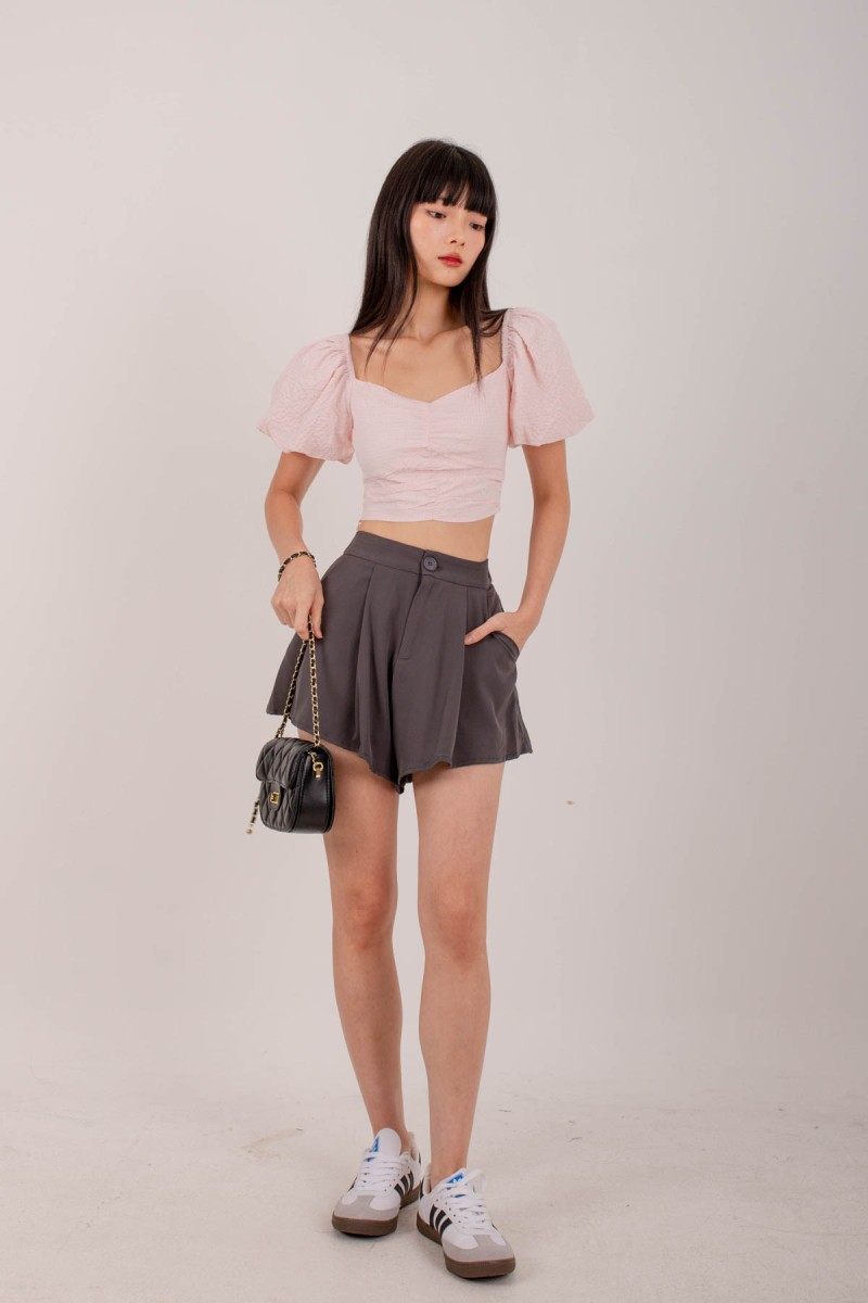 BACKORDERS: Erin Pleated Flare Shorts in Graphite