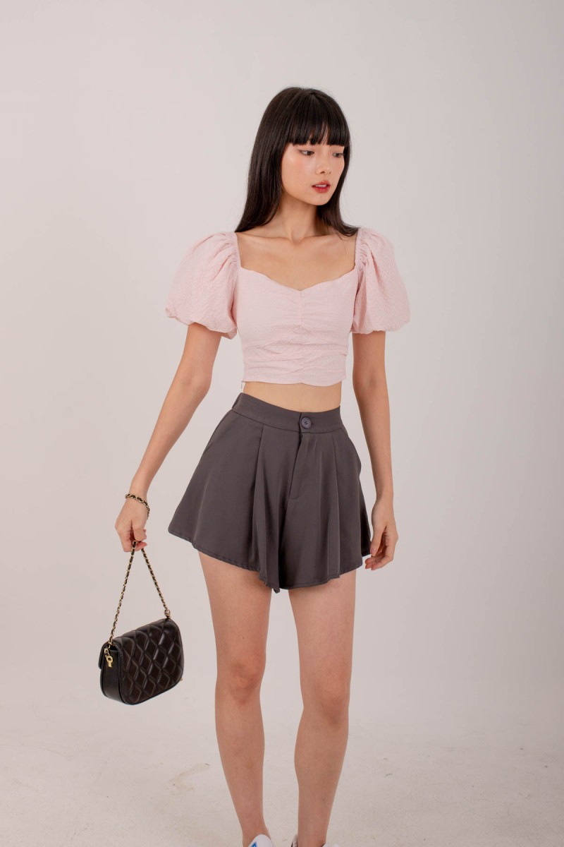 BACKORDERS: Erin Pleated Flare Shorts in Graphite