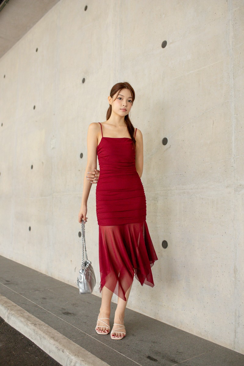 Sylvie Ruched Mesh Dress in Wine