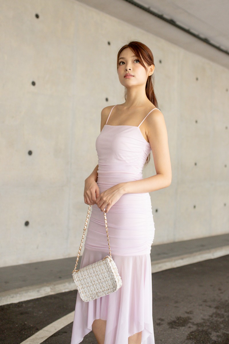 Sylvie Ruched Mesh Dress in Pink