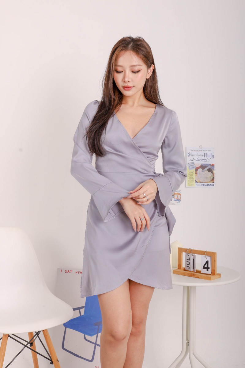 RESTOCK: Isolde Bell Sleeved Wrap Dress in Platinum