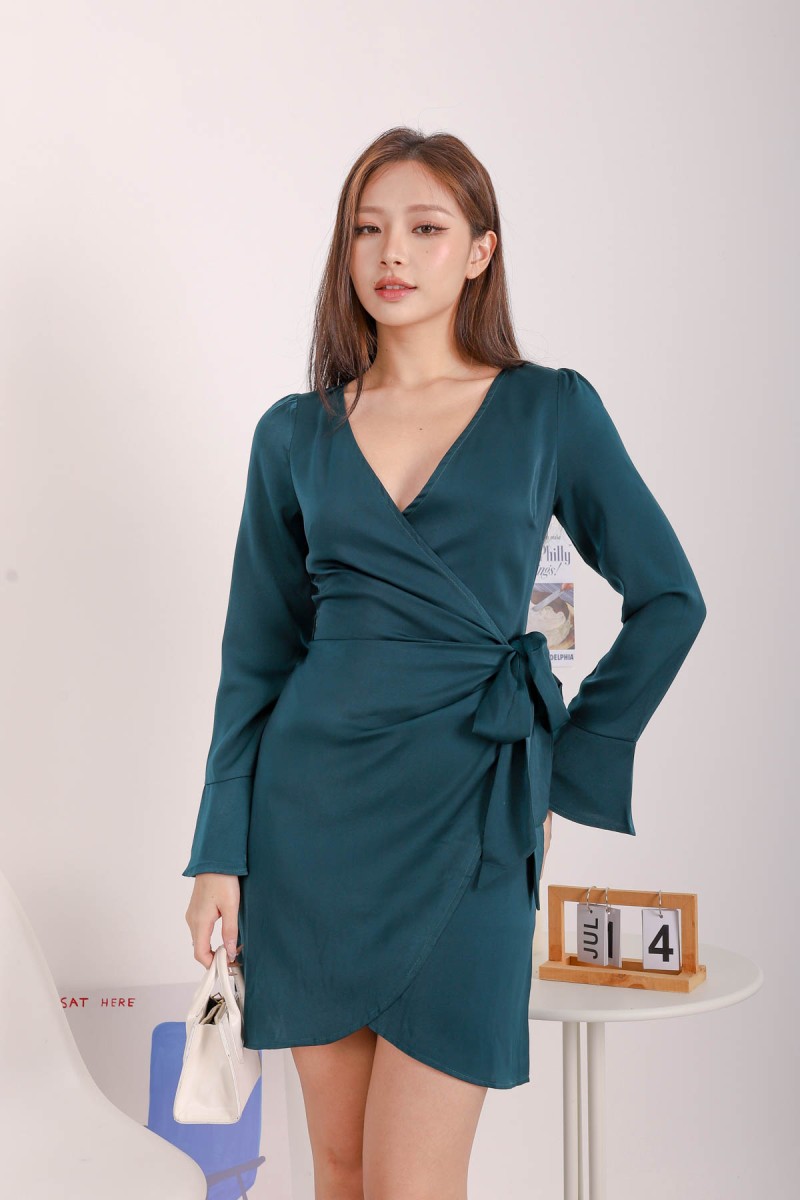 RESTOCK: Isolde Bell Sleeved Wrap Dress in Forest