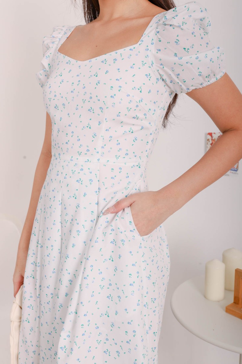 Cinead Floral Puff Dress in Blue Florals