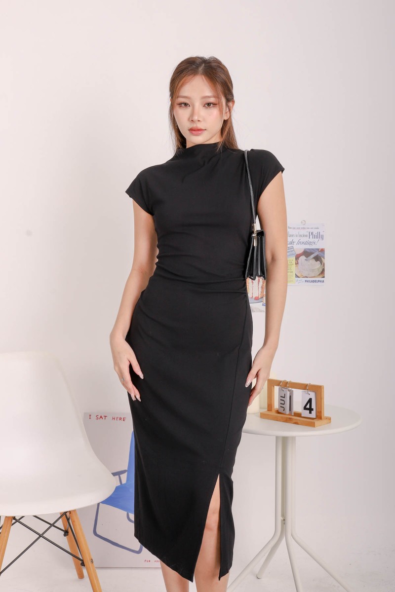 Julane High Neck Cap Sleeve Maxi Dress in Black