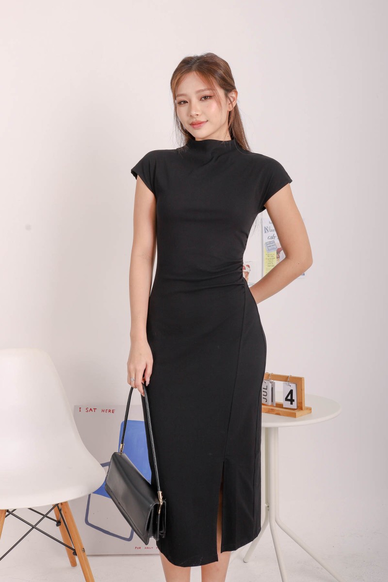 Julane High Neck Cap Sleeve Maxi Dress in Black