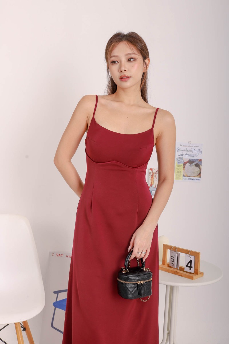 Laina Padded Bustier Maxi Dress in Wine