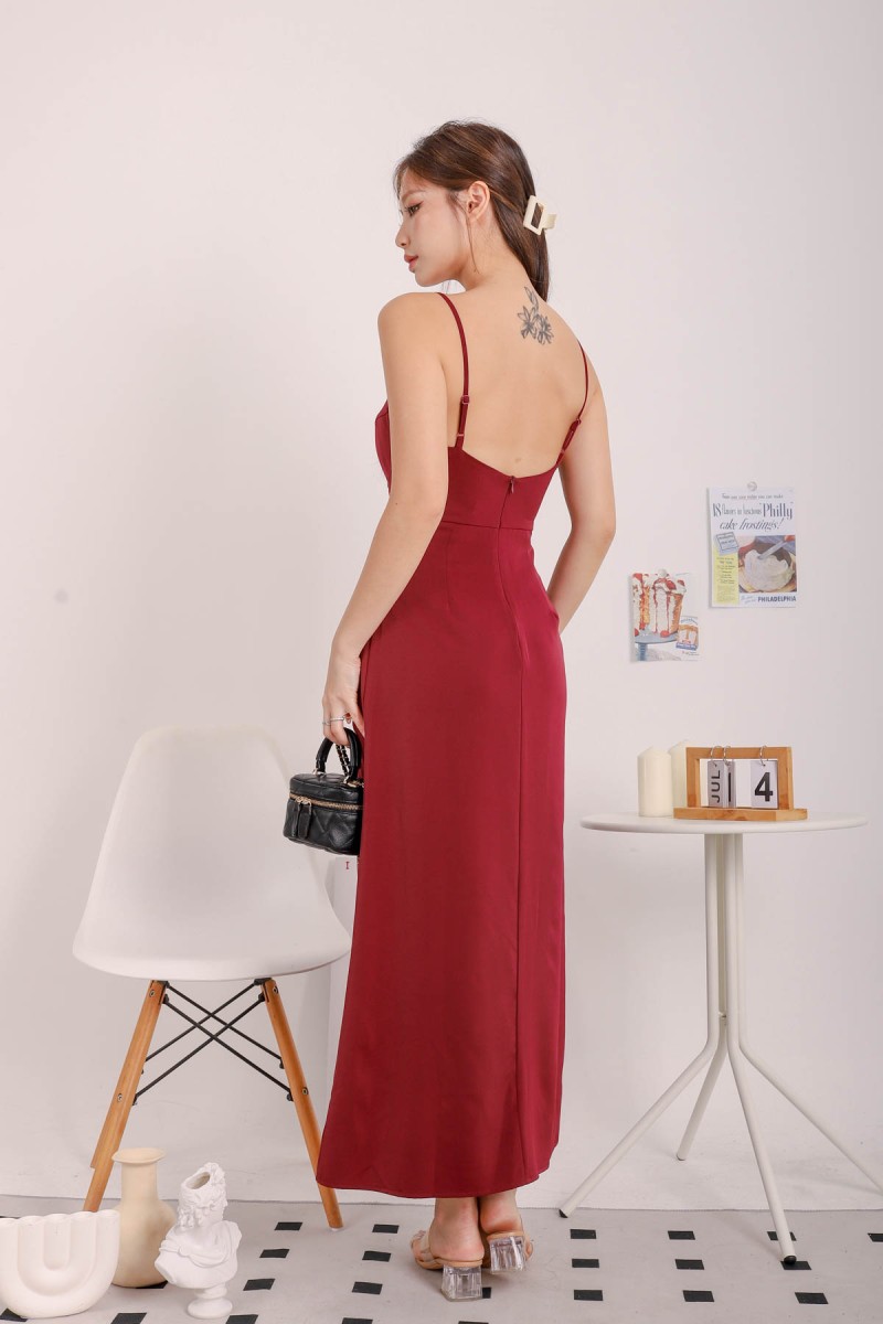 Laina Padded Bustier Maxi Dress in Wine