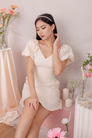 Lovi Textured V-Neck Puff Dress in Cream (MY)