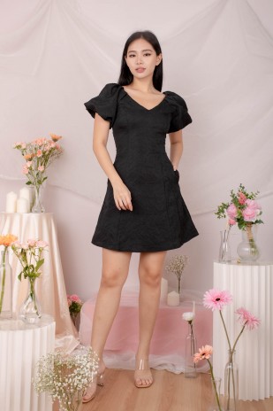 Lovi Textured V-Neck Puff Dress in Black (MY)