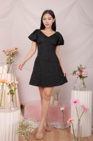 Lovi Textured V-Neck Puff Dress in Black (MY)