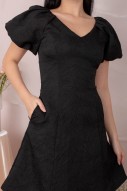 Lovi Textured V-Neck Puff Dress in Black (MY)