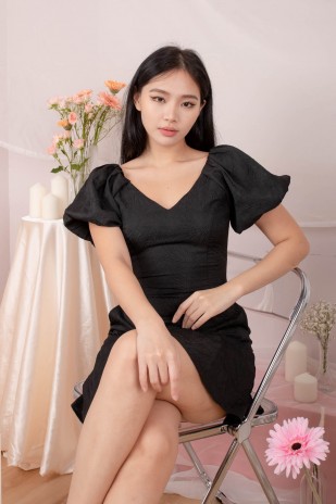 Lovi Textured V-Neck Puff Dress in Black (MY)