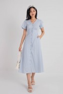 Jaycie Button Flutter Midi Dress in Blue (MY)