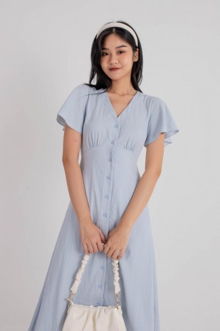 Jaycie Button Flutter Midi Dress in Blue (MY)