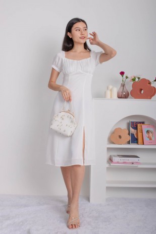 Elodie Ruched Puff Midi Dress in White (MY)