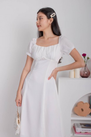 Elodie Ruched Puff Midi Dress in White (MY)