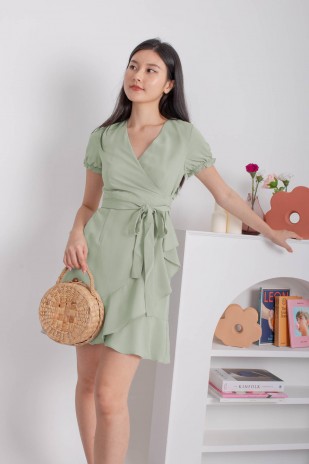 Rhiannon Ruffle Wrap Dress in Sage (MY)