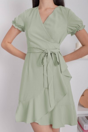 Rhiannon Ruffle Wrap Dress in Sage (MY)