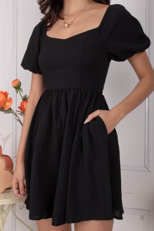 Winnie Textured Puff Dress in Black (MY)