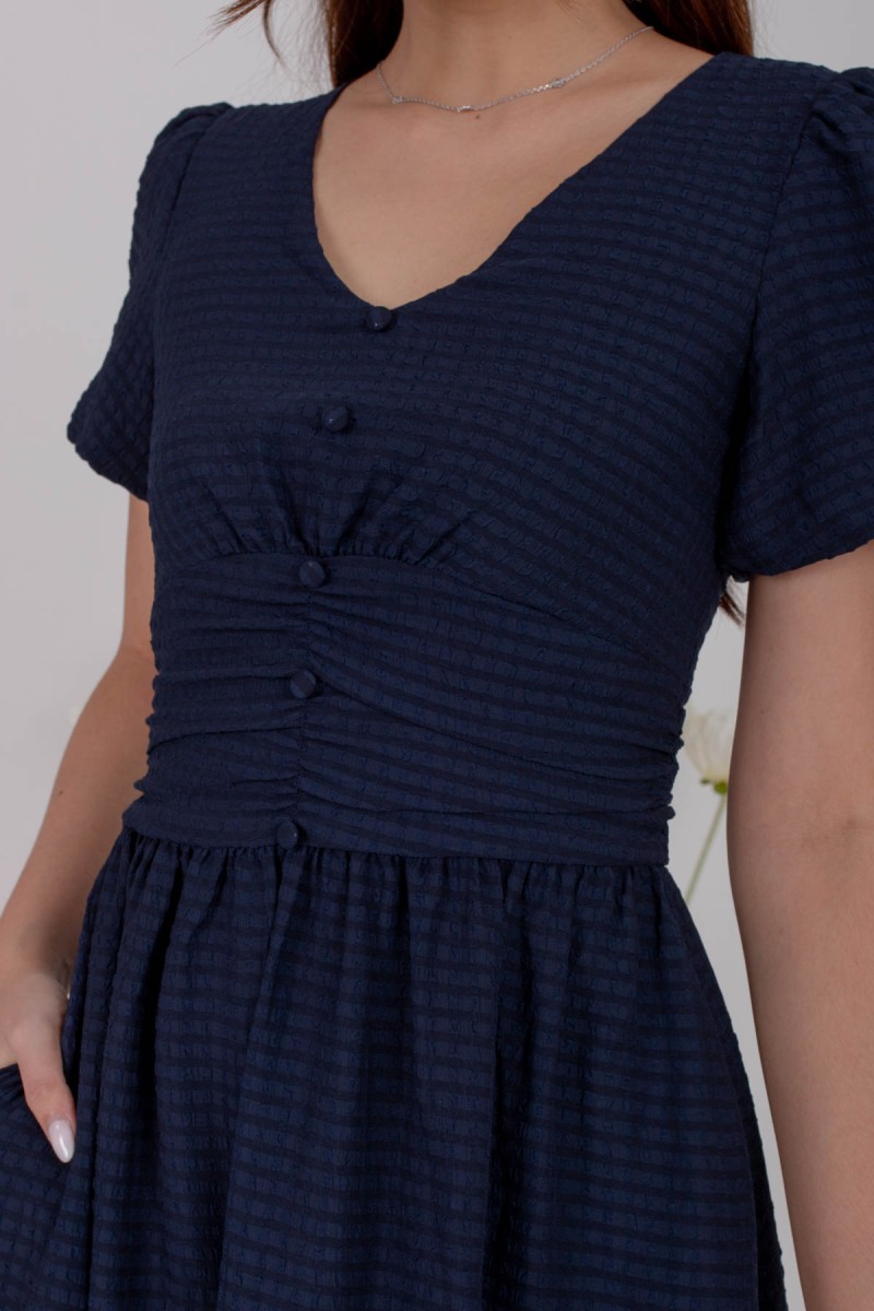 Taliese Textured V-Neck Puff Dress in Navy (MY)