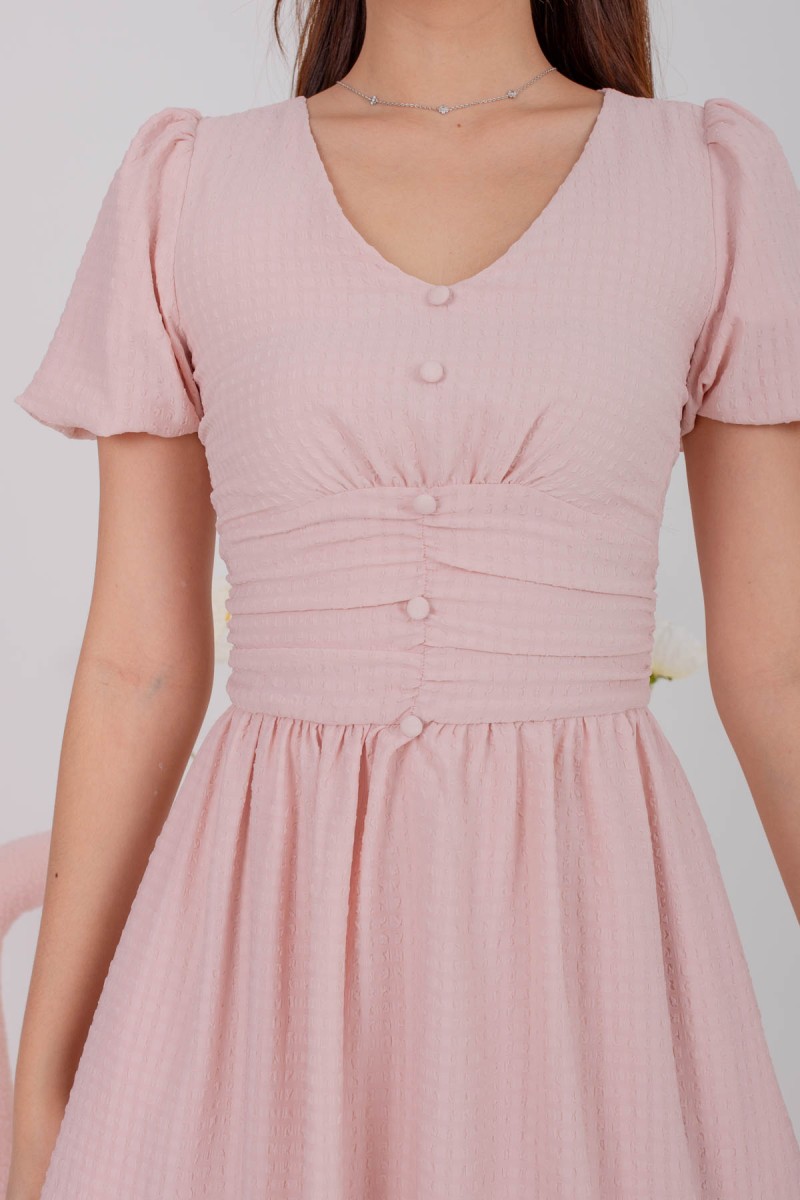 Taliese Textured V-Neck Puff Dress in Blush (MY)