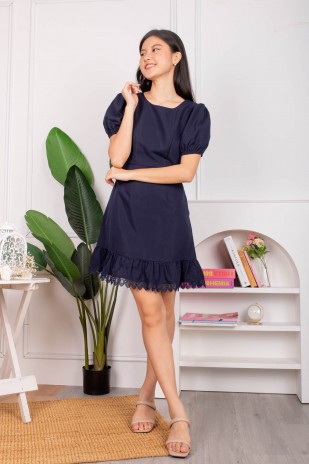 Lucie Ruffle Puff Dress in Navy (MY)
