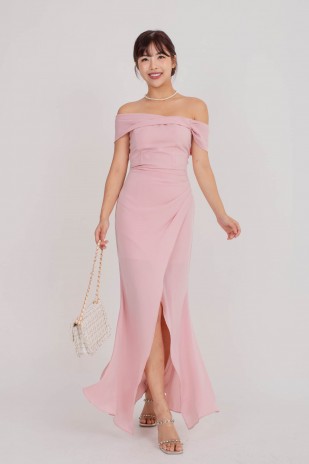 RESTOCK2: Viore Off-Shoulder Overlap Dress in Blush